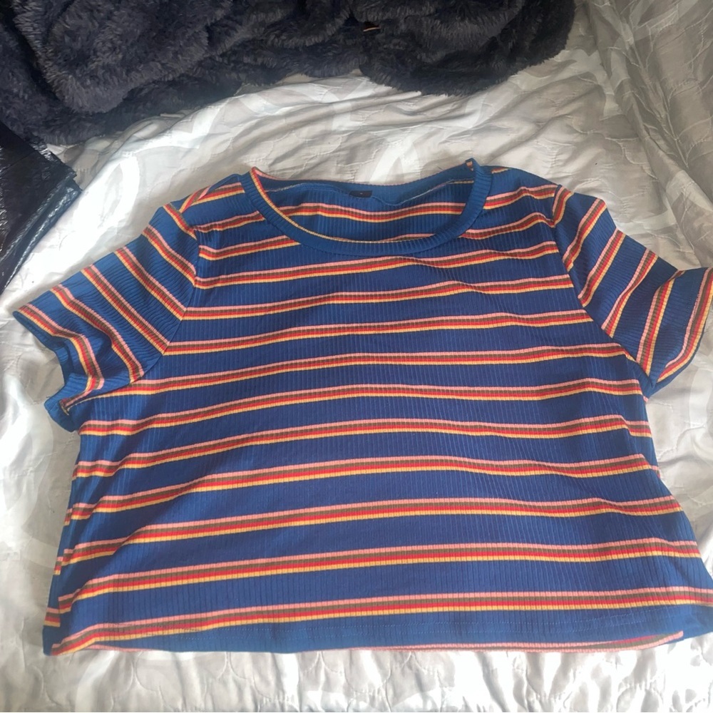 Shein Striped Blue and Orange Cropped Shirt